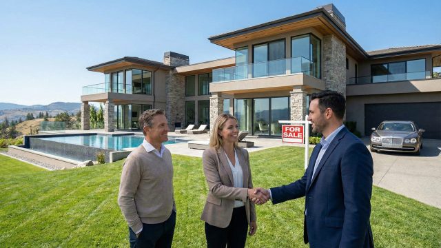A homeowner and a professional real estate investor shaking hands outside a modern luxury home on a sunny day, symbolizing the successful closing of a fair cash offer without lowball tactics.