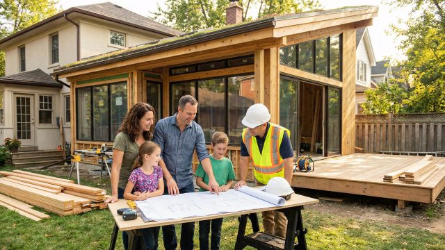 A family of four and a construction contractor wearing a hard hat and safety vest stand around a makeshift table in a backyard, smiling as they review blueprints. Behind them is a partially constructed, modern wood-framed home addition with large windows and a green roof, with stacks of fresh lumber resting on the grass in the foreground.