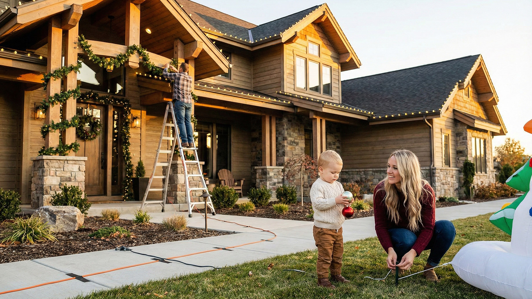 A family decorates the exterior of a large luxury craftsman home for Christmas. A man on a stable ladder hangs greenery while a woman and small child secure a lawn decoration, with extension cords safely taped down across the walkway to prevent tripping.