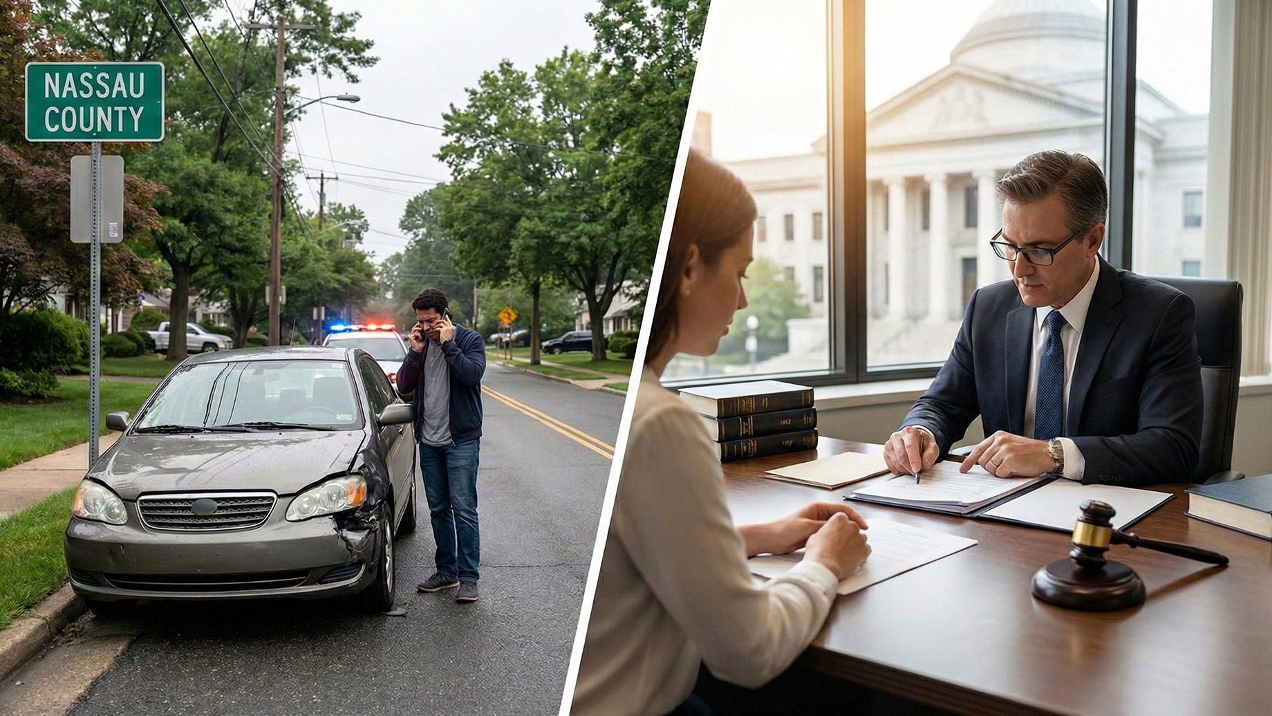 A split image showing the aftermath of a car accident and the ensuing legal process. The left side features a man on his phone next to a damaged car on a suburban street with a "Nassau County" sign. The right side shows a professional lawyer reviewing paperwork with a female client at a desk, with a gavel resting in the foreground and a courthouse visible through the window.