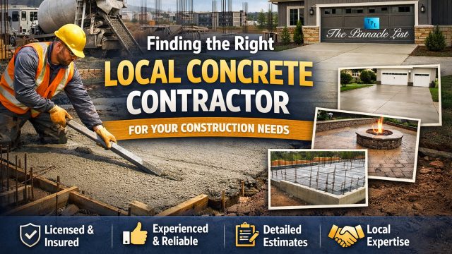A graphic titled "Finding the Right Local Concrete Contractor for Your Construction Needs," featuring a construction worker smoothing wet concrete with a straightedge. To the right, three inset photos showcase example projects: a residential driveway, a patio with a fire pit, and a structural foundation. A banner across the bottom lists four key contractor attributes: Licensed & Insured, Experienced & Reliable, Detailed Estimates, and Local Expertise.