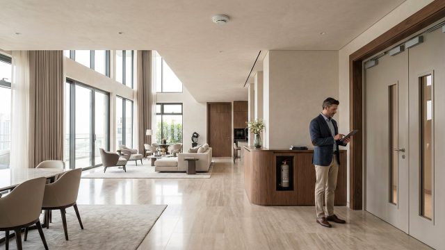 A property manager in a modern luxury apartment is holding a tablet, checking fire safety compliance near a fire door. A fire extinguisher is visible in a wooden cabinet.