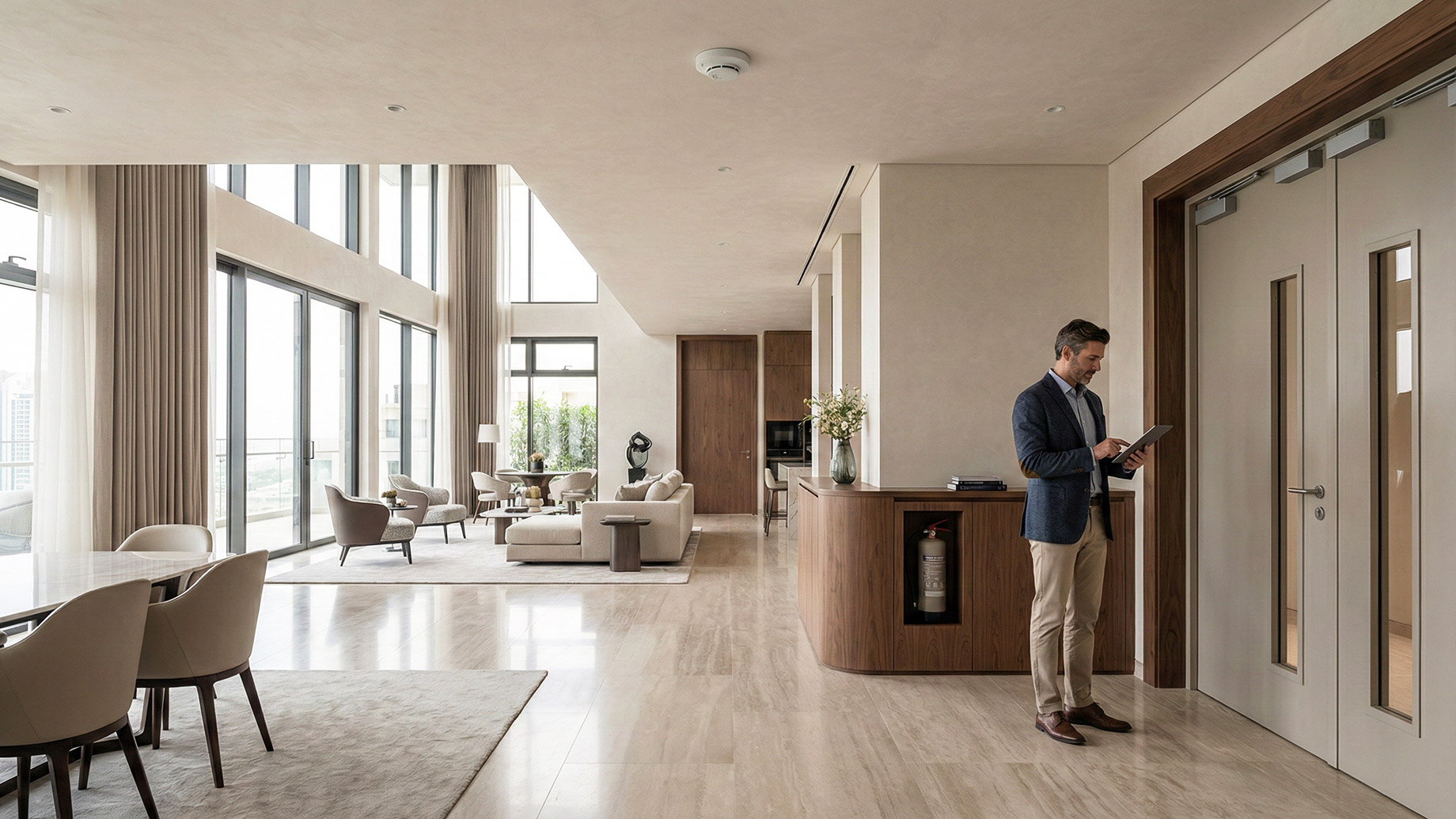 A property manager in a modern luxury apartment is holding a tablet, checking fire safety compliance near a fire door. A fire extinguisher is visible in a wooden cabinet.