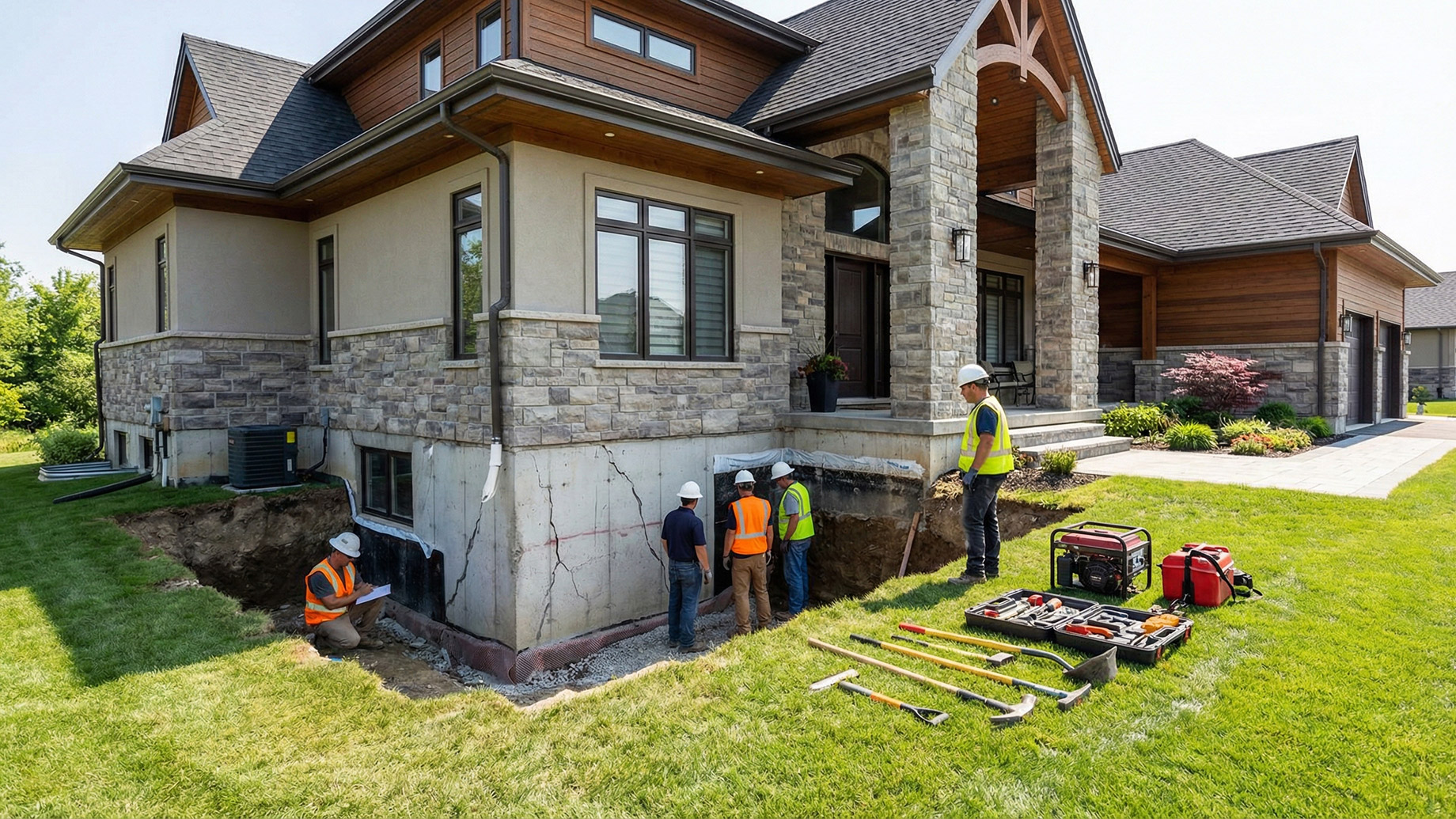 A team of construction professionals performs foundation repair on a luxury home, with a trench excavated to expose cracks in the concrete wall. Workers in hard hats and safety vests are applying waterproofing materials, while tools and equipment are arranged on the lawn.