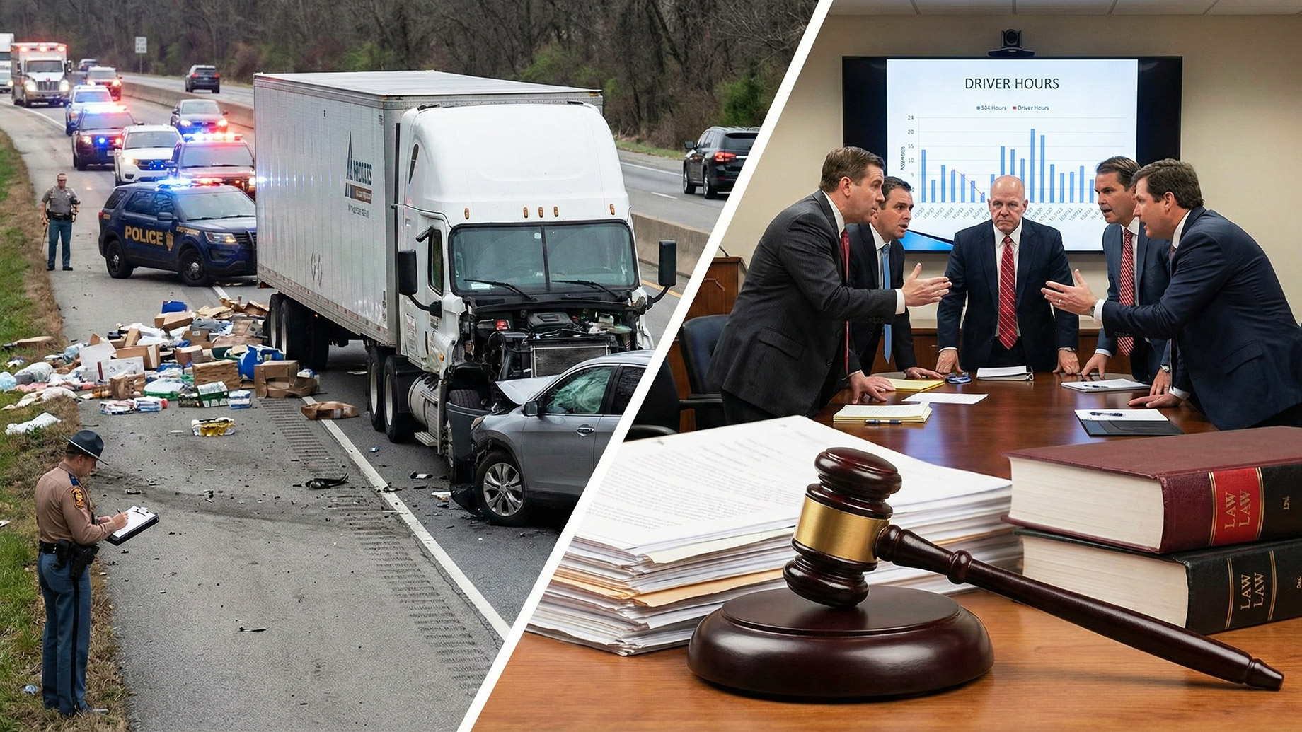 A split-screen photograph illustrating the legal consequences of a truck crash. The left side shows a highway accident scene with a damaged semi-truck, a crushed car, police, and scattered cargo. The right side depicts a courtroom setting with a gavel, law books, and lawyers arguing over a 'Driver Hours' chart, highlighting the transition from a collision to a legal dispute over regulatory compliance.