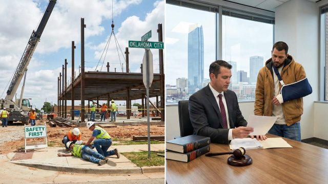 A two-part illustration of a workplace injury claim. On the left, an injured worker receives emergency assistance from coworkers at a busy construction site. On the right, the injured worker consults with a personal injury attorney in a high-rise office overlooking Oklahoma City to discuss their case.