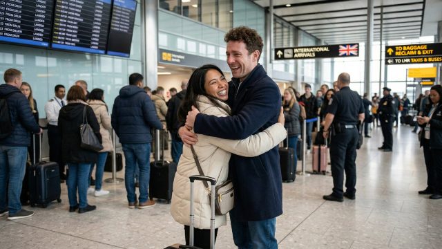 A smiling couple shares a joyful embrace in a crowded airport arrivals area. The woman, wearing a beige jacket and holding a small suitcase, hugs a man in a navy overcoat. They are surrounded by other travelers, airport staff, and digital flight boards displaying arrival statuses.