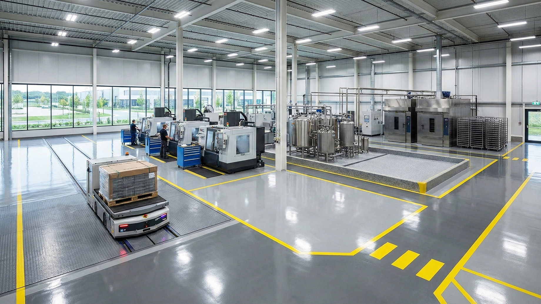 A pristine, modern manufacturing facility featuring high-gloss grey industrial flooring with clear yellow safety demarcation lines. The space showcases various operational zones, including heavy CNC machinery, stainless steel chemical processing tanks, and an automated guided vehicle (AGV) transporting materials, demonstrating a specialized flooring system designed for load resistance and workflow efficiency.