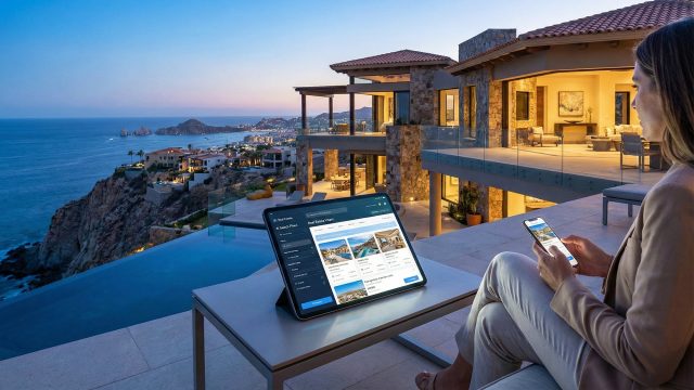 A woman in business casual attire sits on a modern luxury villa terrace in Pedregal, Cabo San Lucas, at sunset, overlooking an infinity pool and the Pacific Ocean. She is using a tablet displaying an AI-powered real estate search interface while holding a smartphone, with the cliffside community and ocean in the background.