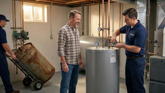 A homeowner watches a technician install a new heating tank in a basement, while another worker wheels away an old, rusty tank on a hand truck.