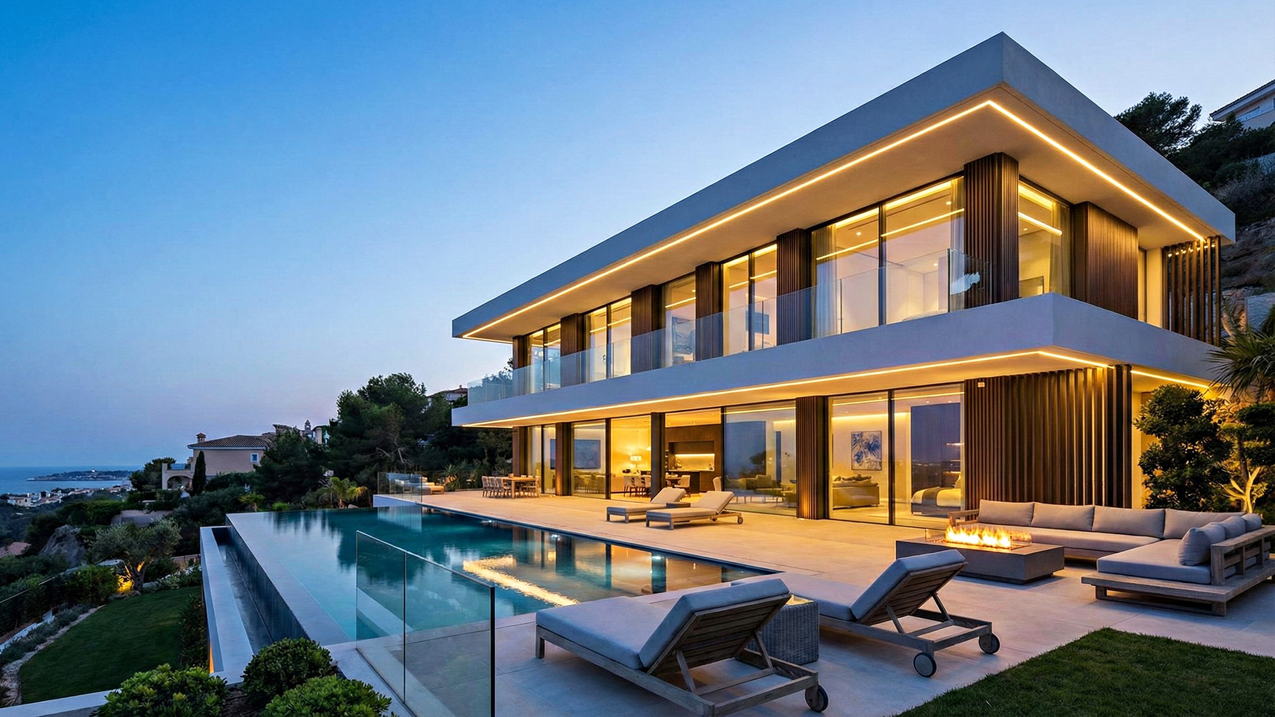 A modern luxury villa at twilight, featuring an infinity pool, outdoor lounge area with a fire pit, and extensive warm LED lighting along the roofline and interior, demonstrating the energy-intensive amenities managed by hidden infrastructure.