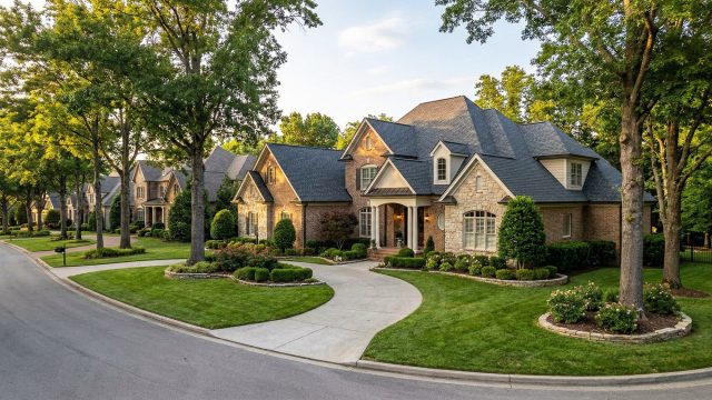 An elevated view captures a pristine, expansive traditional luxury home with a multi-gable brick and stone facade and a dark grey roof. A long, curved concrete driveway leads from a quiet, tree-lined residential street to the columned front portico. The impeccably manicured grounds feature lush green lawns, sculpted boxwood hedges, rose bushes in defined stone-edged mulched beds, and mature trees flanking the property and the street. Other upscale homes are visible along the curved road under a golden hour sky with light clouds.