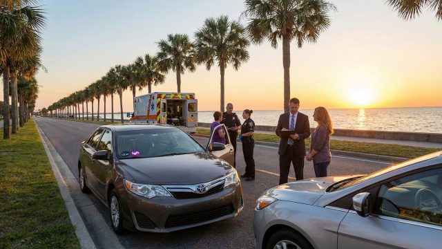 A post-accident scene on a palm-lined coastal road at sunset, featuring a rideshare vehicle with Uber and Lyft stickers, police officers, an ambulance crew, and an insurance adjuster speaking with individuals involved in the crash.