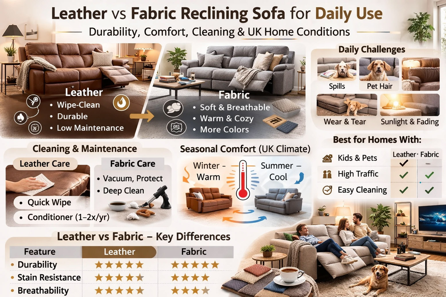 Leather vs. Fabric Recline Sofa for Daily Use