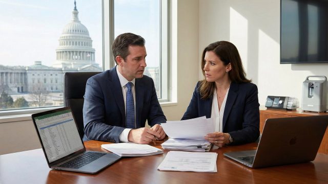 A professional consultation in a Washington, DC office, showing a lawyer and client reviewing documents at a desk with the US Capitol building visible through the window and a respiratory device in the background.