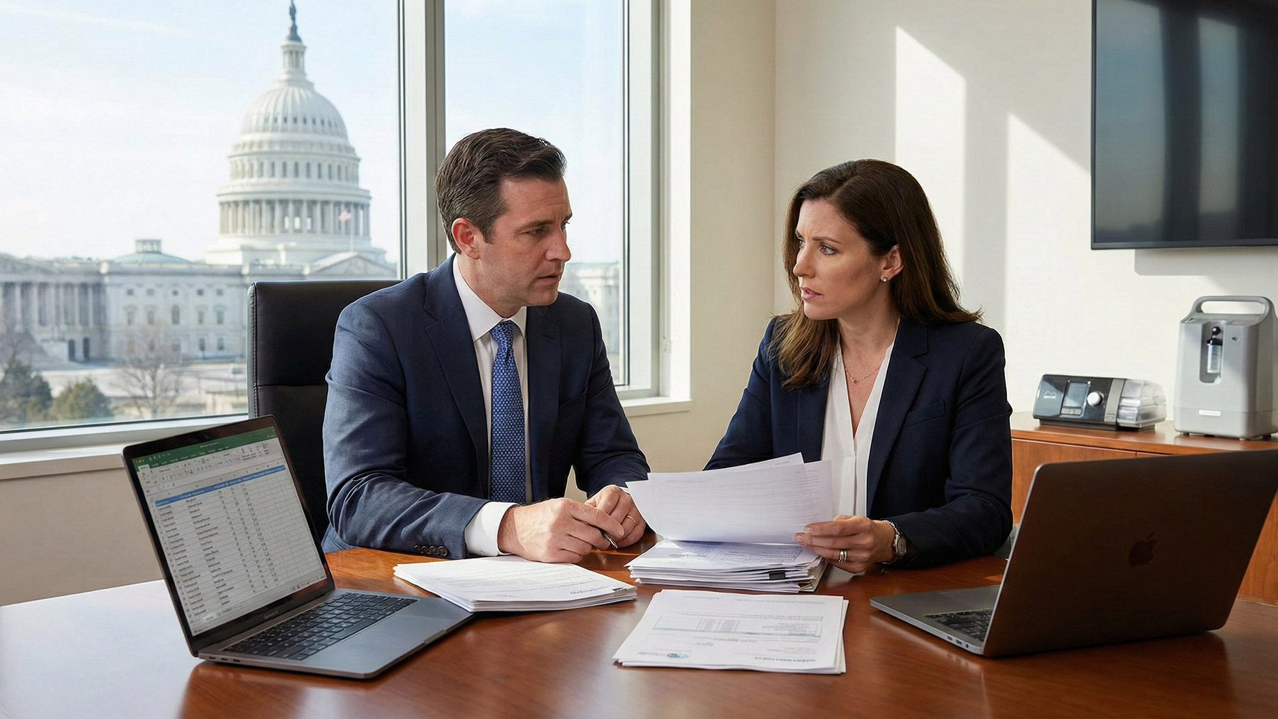 A professional consultation in a Washington, DC office, showing a lawyer and client reviewing documents at a desk with the US Capitol building visible through the window and a respiratory device in the background.
