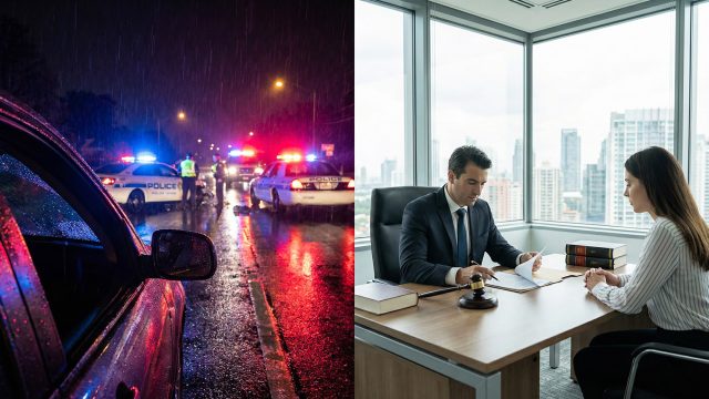 A split-screen image showing a rainy night car accident scene with police on the left, and a lawyer consulting with a client in an office on the right.
