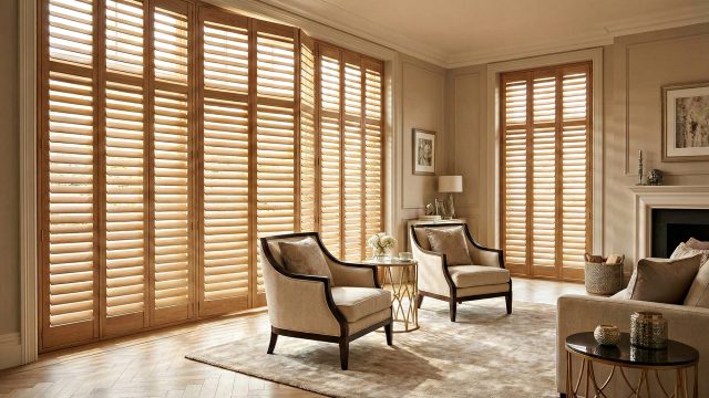 A sunlit luxury living room featuring large, floor-to-ceiling wooden plantation shutters, partially open to filter daylight, with elegant armchairs and decor.