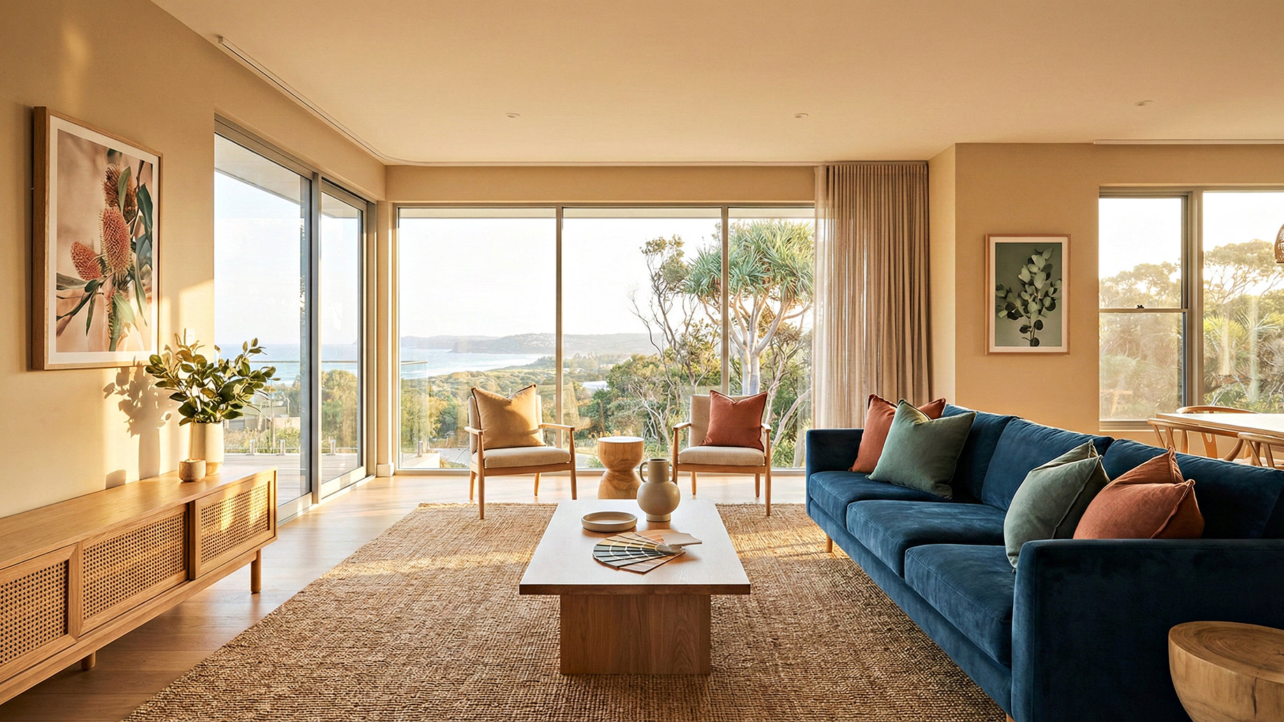 A sun-drenched, contemporary luxury living room overlooking the NSW coast at golden hour. Warm natural light fills the space, highlighting a deep blue velvet sofa, terracotta and green accents, and sandy beige walls. A deck of colour paint swatches rests on a central wooden coffee table, indicating the design process.