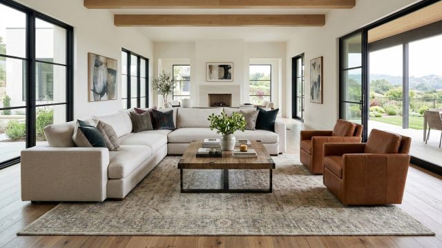 A brightly lit, expansive luxury living room featuring a large, subtly patterned vintage-style area rug on a light hardwood floor. The rug anchors a spacious white L-shaped sectional sofa, a rustic wood and metal coffee table, and two tan leather armchairs. Floor-to-ceiling black-framed windows and sliding glass doors let in abundant natural light and offer a view of a lush green landscape outside.