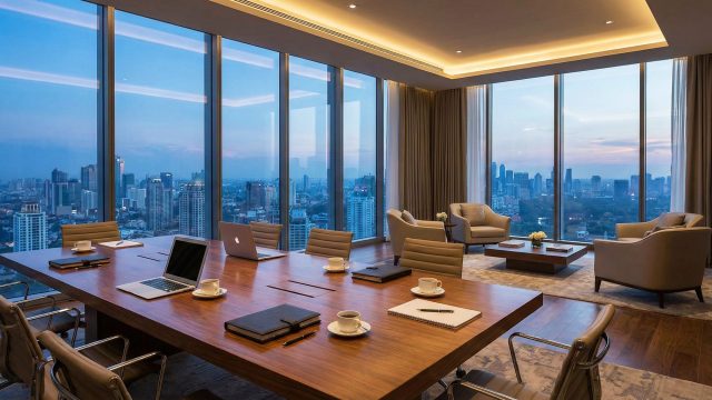 A modern, luxury corporate boardroom featuring a large wooden conference table with laptops, notebooks, and coffee cups. Floor-to-ceiling windows display a panoramic view of a city skyline at dusk, with a casual lounge seating area in the background.