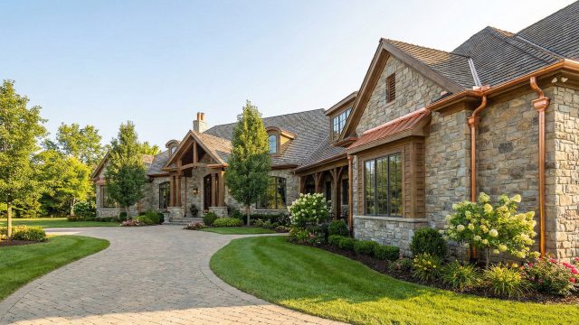 A sprawling luxury stone estate with a well-maintained landscape and a winding paver driveway. The home's exterior is protected by a high-quality copper gutter and downspout system, prominent along the roofline and stone facade under a clear blue sky.