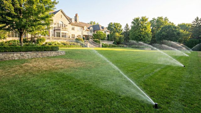 A wide-angle landscape photograph showing a sprawling green lawn at a luxury estate being watered by multiple sprinkler heads. A large stone mansion with a terrace is visible in the background under a sunny sky.
