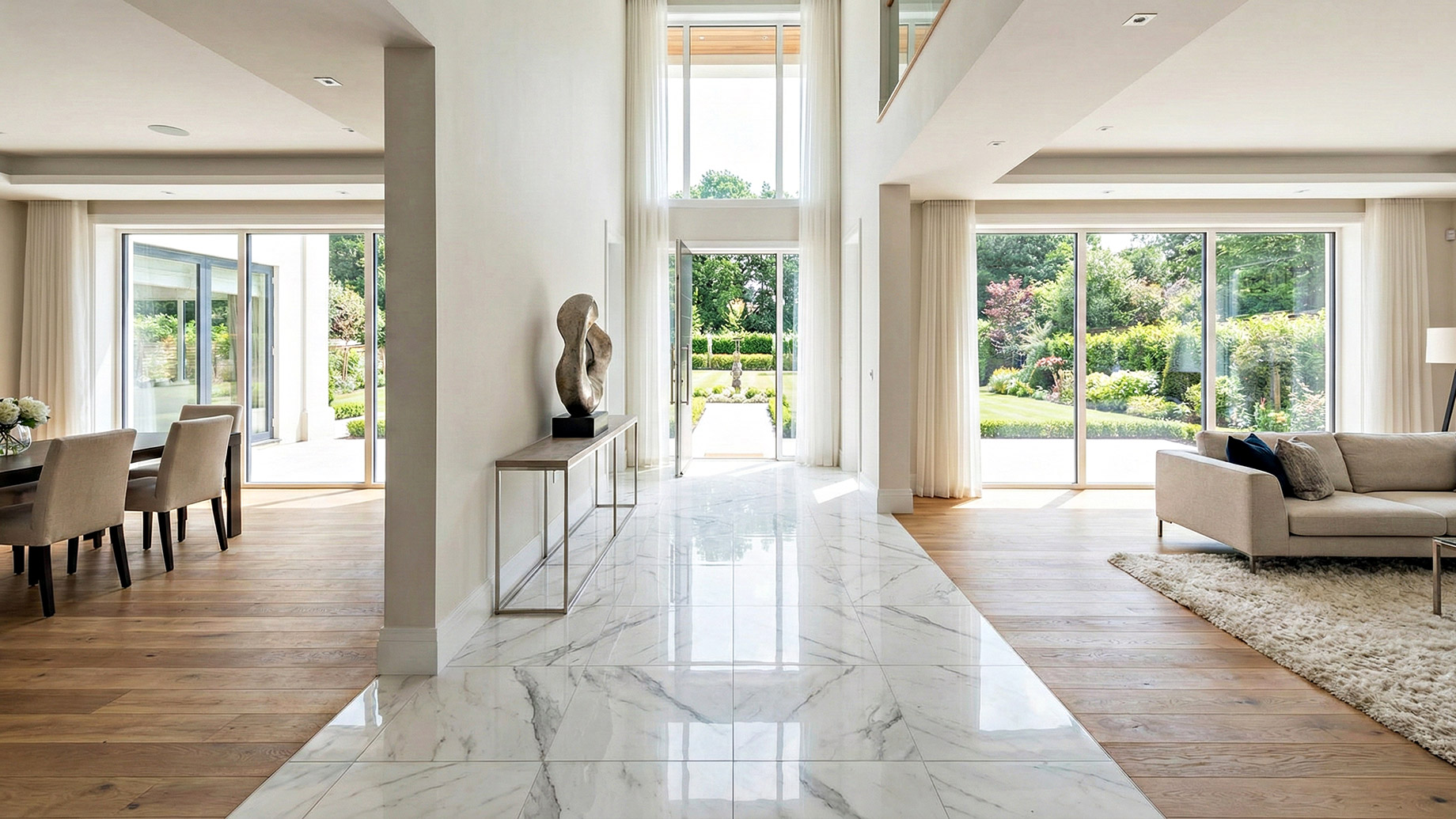 A wide-angle landscape photograph of a spacious, sunlit luxury residence interior. The grand entryway features large-format polished white marble tiles with prominent gray veining that reflect the light. This marble flooring transitions seamlessly into warm, wide-plank European oak hardwood flooring in the adjacent dining area on the left and the living area on the right. Large floor-to-ceiling windows in the background overlook a lush, landscaped garden, filling the space with natural light. A modern console table with a sculpture sits on the marble, and contemporary furniture, including a dining set and a sofa with a plush rug, is arranged on the wood floors.