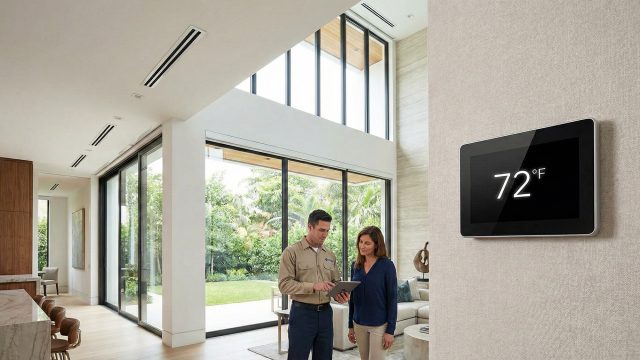 An HVAC technician and a homeowner consult a tablet next to a large smart thermostat displaying 72°F in a modern luxury home with linear ceiling vents and expansive windows.