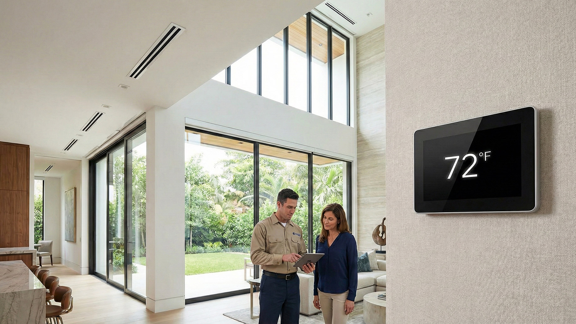An HVAC technician and a homeowner consult a tablet next to a large smart thermostat displaying 72°F in a modern luxury home with linear ceiling vents and expansive windows.