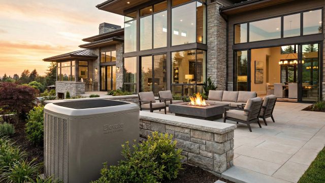 A modern, luxury home at sunset featuring large glass windows and a stone patio with a fire pit and lounge seating. Prominently in the foreground, a gray Elevate Heating & Cooling HVAC unit sits behind a low stone wall, surrounded by landscaped greenery.