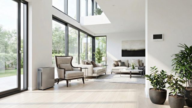 A sunlit, modern luxury living room with floor-to-ceiling windows and comfortable seating. A sleek, silver portable air purifier stands next to an armchair in the foreground. On the wall to the right, a digital HVAC control panel is visible. Potted plants are arranged throughout the clean, bright space.