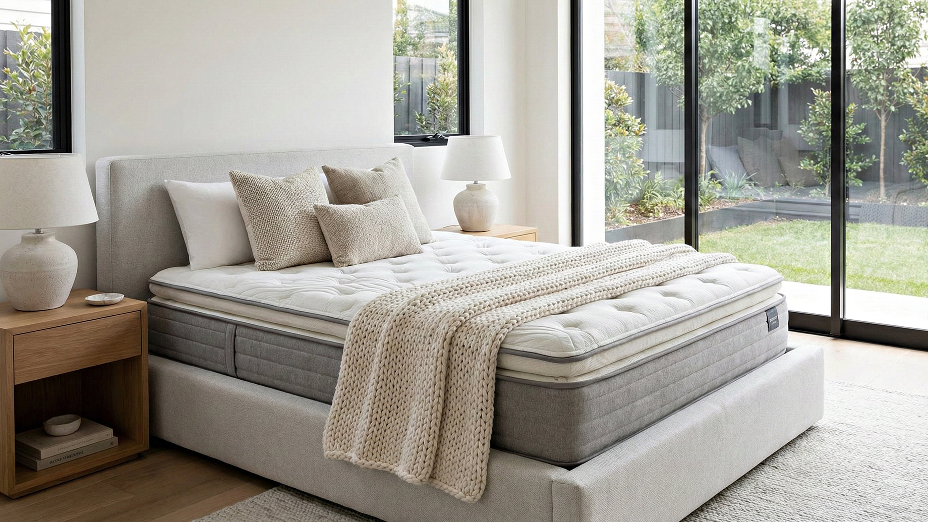 A close-up view of a king-size hybrid mattress with a thick, quilted top layer and supportive base, placed on a modern upholstered bed frame. The bed is dressed with neutral pillows and a chunky knit throw blanket, situated in a bright, luxury bedroom with large floor-to-ceiling windows overlooking a garden.