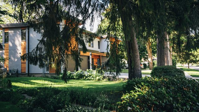 A modern two-story home with a gray exterior and warm wood paneling, partially framed by large, mature evergreen trees. The foreground features a lush, manicured green lawn and dense garden shrubs illuminated by dappled sunlight.