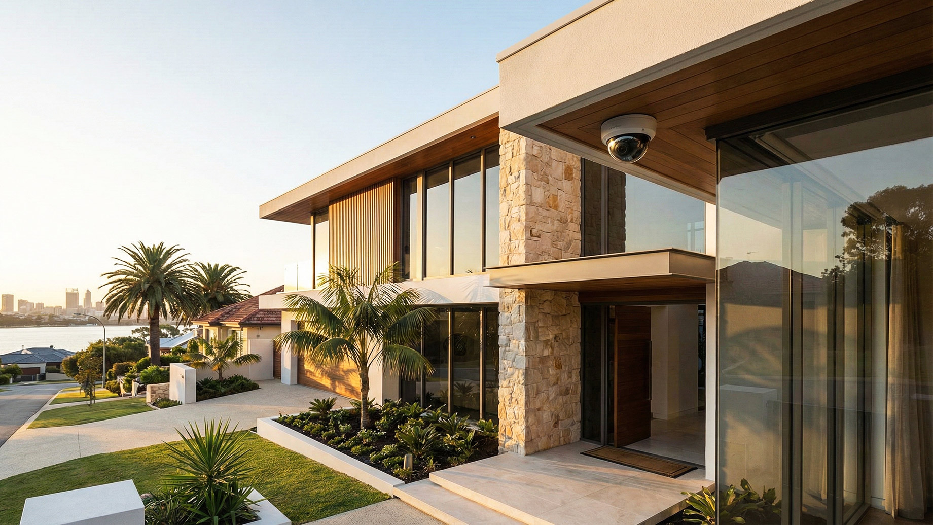 A wide-angle landscape photograph of a modern luxury residence in a wealthy Perth suburb at sunset, featuring a discreet dome CCTV camera mounted under the timber-lined entrance canopy. The house has natural stone cladding, large glass windows, and landscaped gardens with palm trees, with a view of the Swan River and the city skyline in the background.