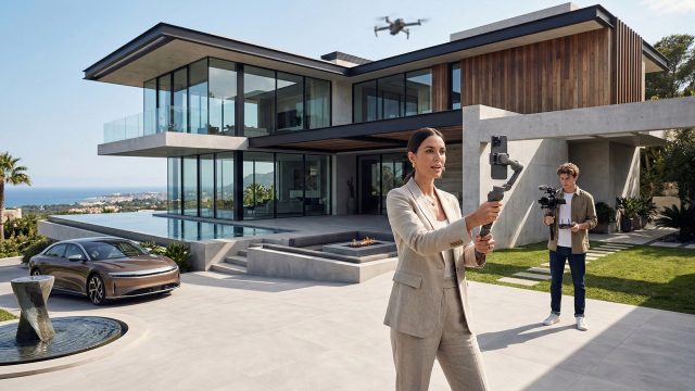 A female real estate agent in a tailored beige suit stands on the spacious patio of a modern luxury home, recording a video tour using a smartphone on a handheld gimbal. Behind her, a videographer assists with professional camera equipment while a drone flies overhead. The stunning multi-level architectural home features expansive floor-to-ceiling glass windows, a sleek infinity pool, and a built-in fire pit. A luxury car is parked in the driveway, with a beautiful ocean view in the background under a clear blue sky.