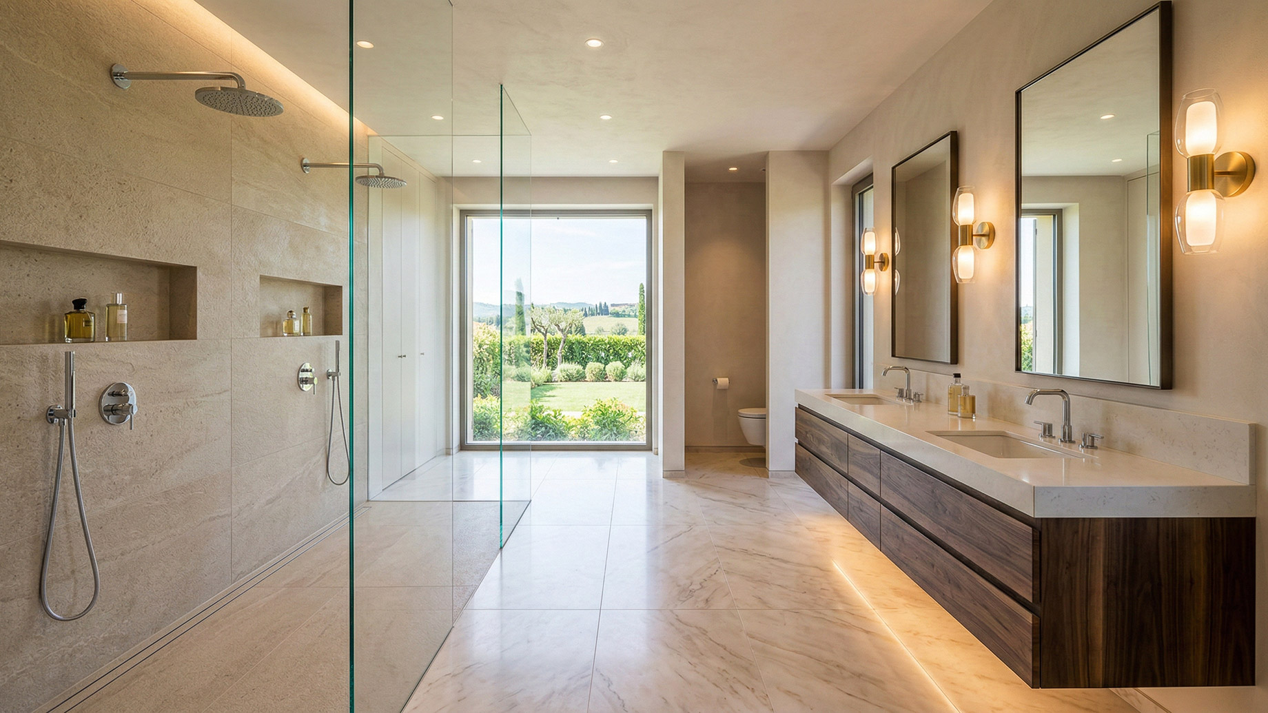A bright, spacious modern bathroom showcasing premium finishes and a smart layout. The left side features a large frameless glass walk-in shower with dual shower heads, textured stone walls, and built-in recessed niches. On the right, a floating dark wood double vanity with a clean white countertop is highlighted by under-cabinet LED lighting and warm brass wall sconces flanking two large mirrors. The room is anchored by a large floor-to-ceiling window at the far end that frames a vibrant green landscape and fills the space with natural light.