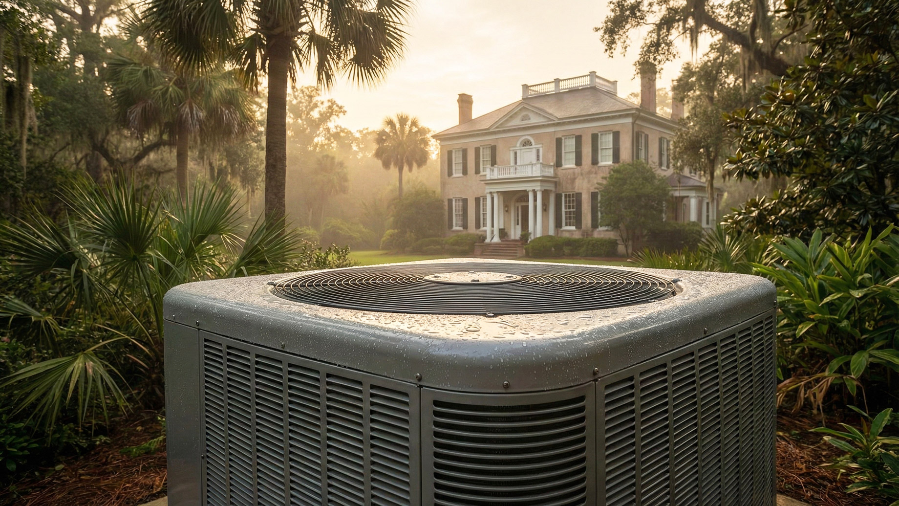 A modern, large HVAC condenser unit covered in condensation, situated in the lush, humid garden of a luxury estate in Georgia with a historic mansion and palm trees visible in the background under a warm, hazy sky.