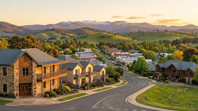 A scenic sunset view overlooking the town of Mansfield, Victoria, featuring a variety of accommodation options including a stone building and modern townhouses along a winding road. In the background are rolling green hills and the snow-capped peaks of Mount Buller under a warm, golden sky.