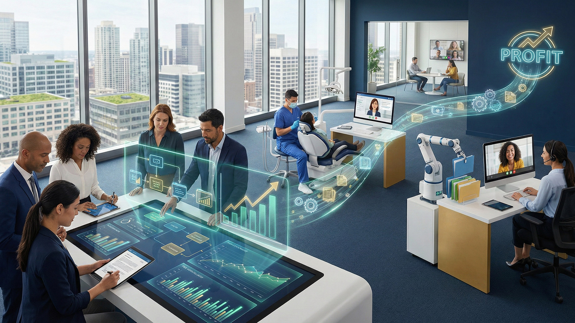 A modern, open-plan office scene illustrating operational efficiency. In the foreground, a diverse team analyzes growth charts on a high-tech digital table. The background features vignettes representing key business strategies: a dentist attending to a patient, a robotic arm performing automated filing, and a virtual assistant on a monitor, all connected by a glowing digital stream symbolizing increased profitability.