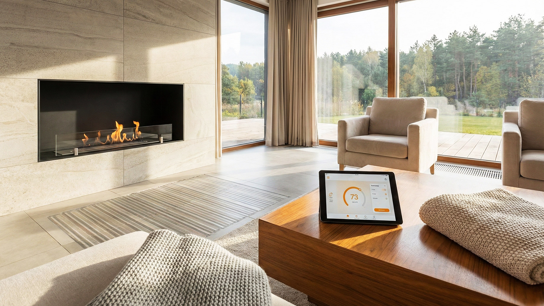 A spacious, modern luxury living room featuring a sleek, energy-efficient fireplace and a tablet displaying smart thermostat controls on a wooden coffee table, with large floor-to-ceiling windows overlooking a natural landscape.