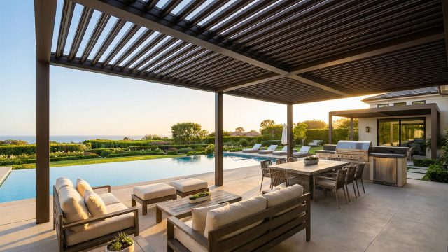 A spacious luxury backyard patio featuring a durable commercial-grade louvered pergola system. The dark metal structure shades a modern outdoor living area with high-end furniture and a dining set next to a pool, demonstrating the aesthetic and functional benefits of using commercial shade products in a residential setting during sunset.