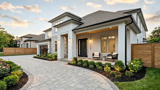 A pristine modern house exterior showcasing premium curb appeal upgrades, including a clean paved driveway, manicured landscaping with path lighting, a welcoming front porch with a cozy seating area, modern house numbers, a dark contrasting front door, and a well-maintained wooden privacy fence.