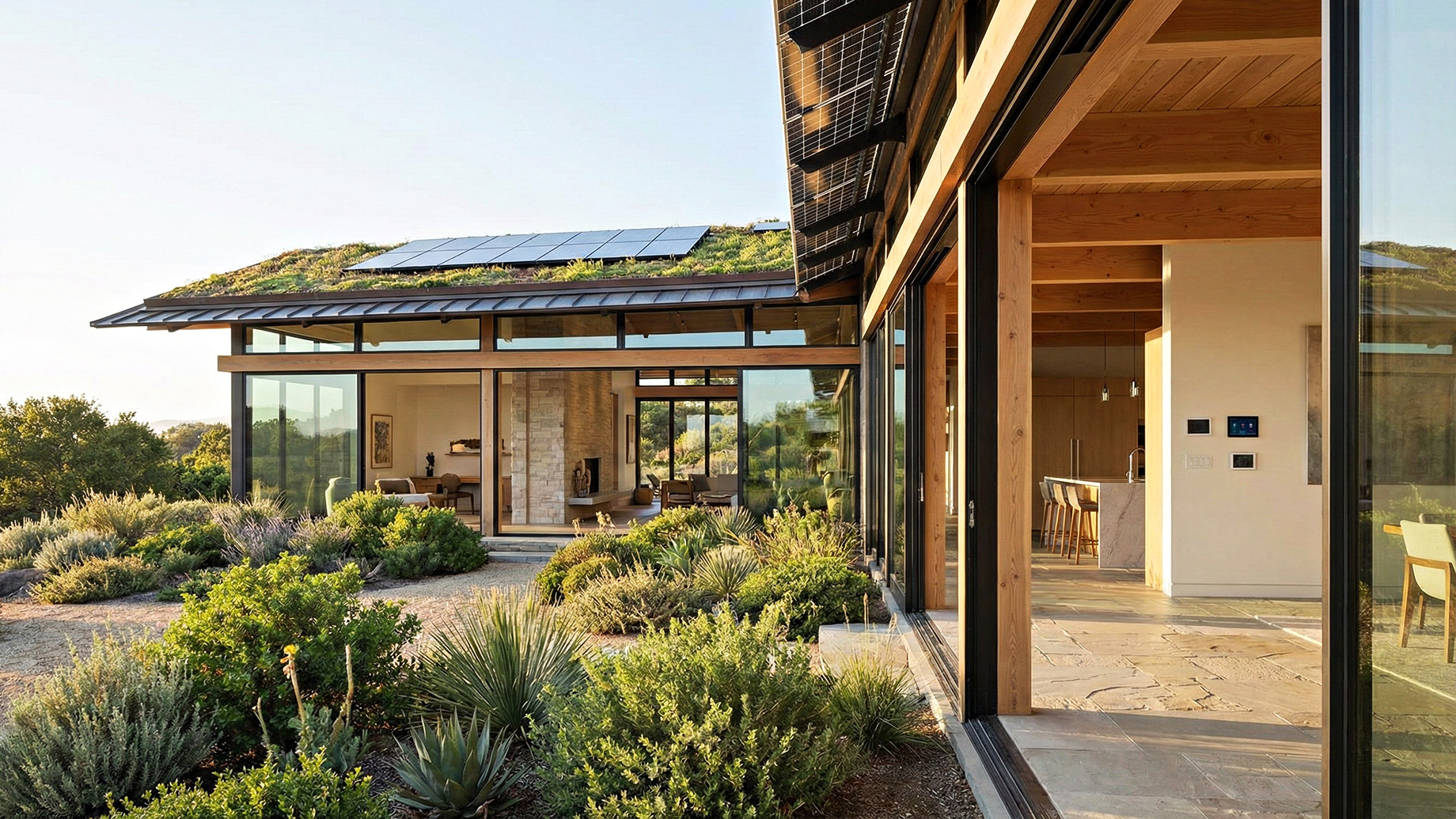 A contemporary luxury residence showcasing sustainable design elements, including a green roof integrated with solar panels, large floor-to-ceiling windows that blur the indoor-outdoor connection, and natural wood and stone materials. The property is surrounded by drought-resistant native landscaping under a clear sky.