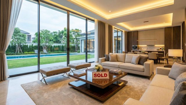 A wide-angle view of a bright, open-plan luxury living room and kitchen area. A red and white "SOLD" sign rests on a glossy, tiered wooden coffee table in the center. The space is furnished with a large beige sofa, a matching armchair, and two modern leather ottomans. Expansive floor-to-ceiling glass doors look out onto a lush manicured green lawn and a private swimming pool.