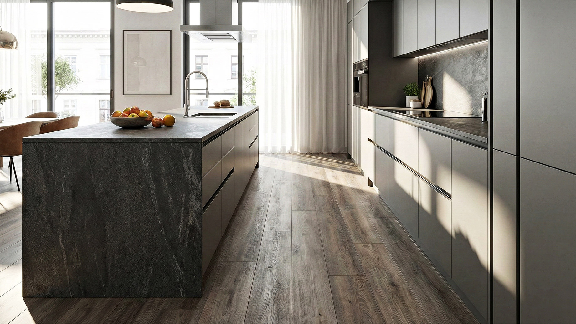 A sunlit, contemporary luxury kitchen showcasing high-performance wood-look laminate flooring and a sleek, stone-textured laminate island, highlighting the realistic grain and matte finish under natural light.