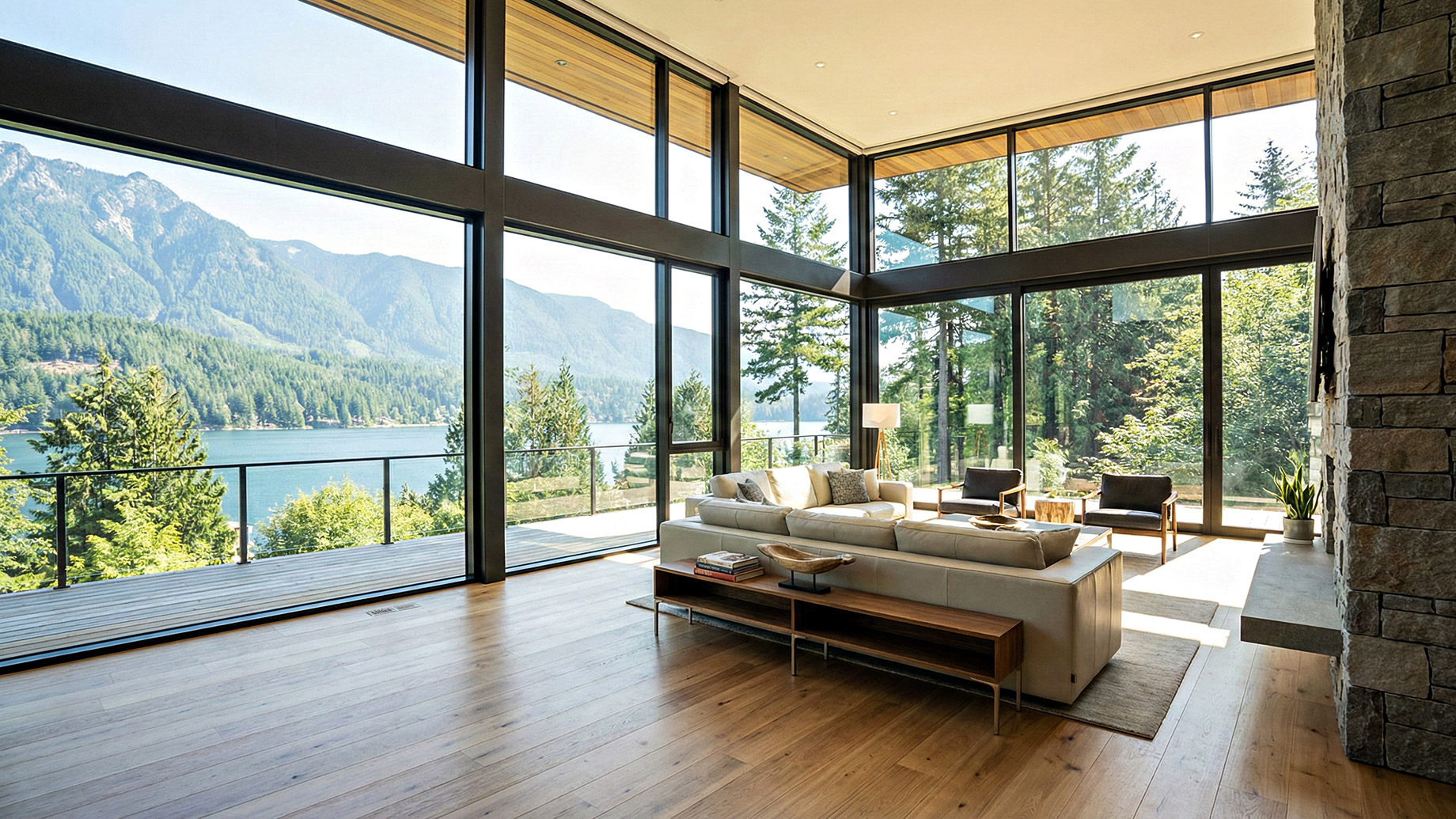 A spacious, modern luxury living room featuring pristine floor-to-ceiling windows that provide a crystal-clear, unobstructed view of a scenic lake and mountains, flooding the interior with natural light.