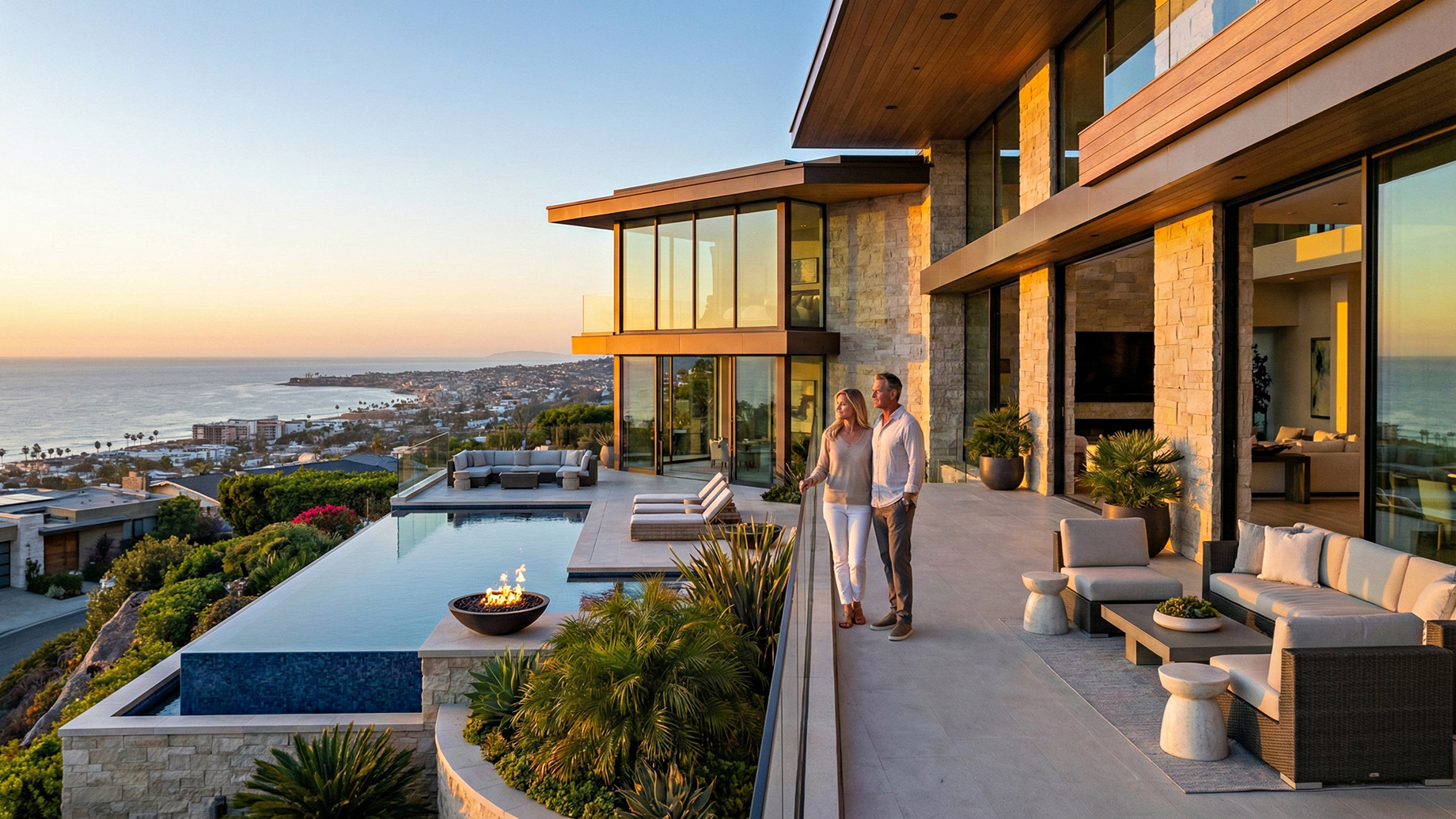 A man and woman stand on the balcony of a contemporary luxury house during sunset. The property features large glass windows, an infinity pool, a fire pit, modern outdoor seating, and a sweeping view of the ocean and coastline below.