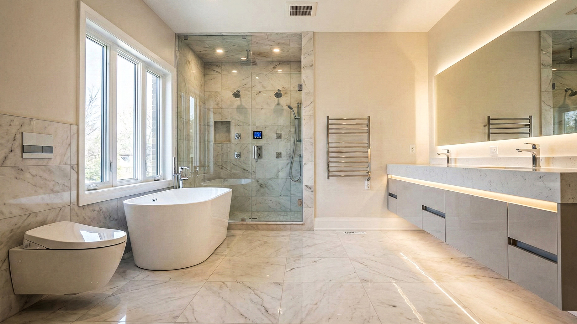 A spacious, modern luxury bathroom featuring a large marble steam shower with a digital control panel, a freestanding bathtub near a window, a long floating vanity with integrated LED lighting, and a wall-mounted toilet. This high-end remodel is an example of a complex project that would require multiple building, plumbing, and electrical permits.