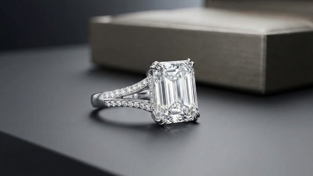 A close-up of a luxurious engagement ring featuring a large emerald-cut diamond set on a split-shank band encrusted with smaller diamonds, resting on a sleek, dark gray surface with a blurred ring box in the background.